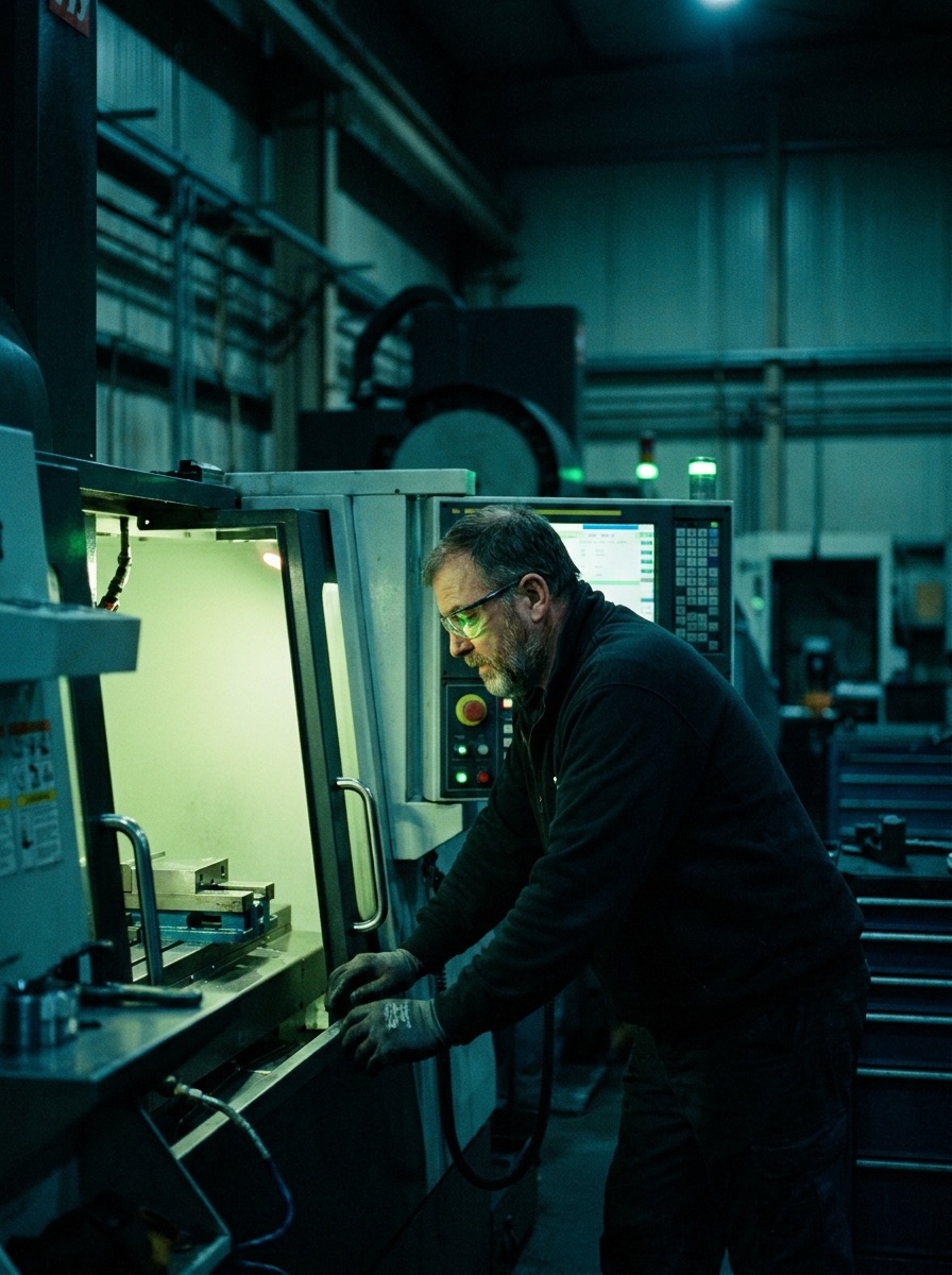 Facharbeiter an einer CNC-Maschine mit leuchtendem Bediendisplay in einer Fertigungshalle in der blauen Stunde